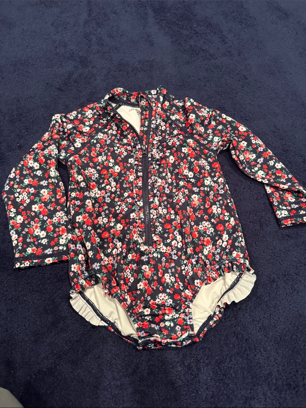 Janie and Jack Floral Long-Sleeve One-Piece Swimsuit in Navy, Red, White